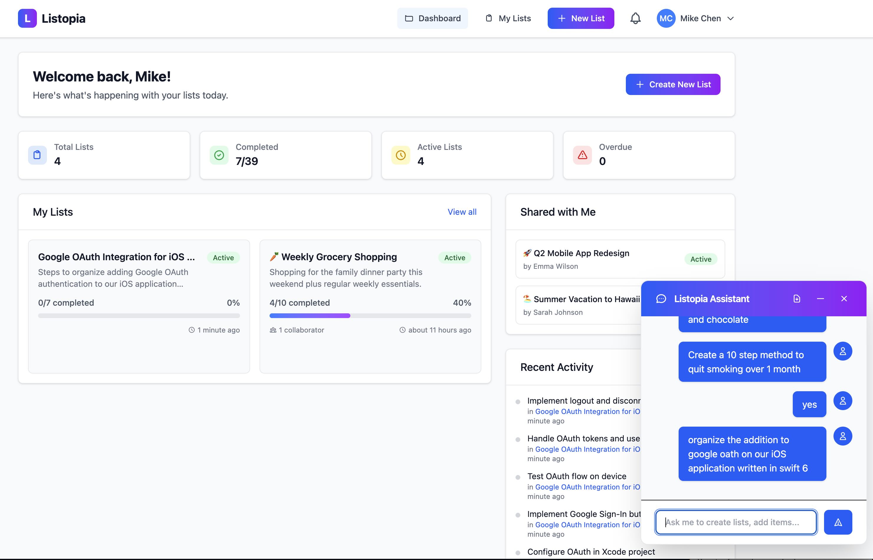 Listopia Modern list management app screenshot