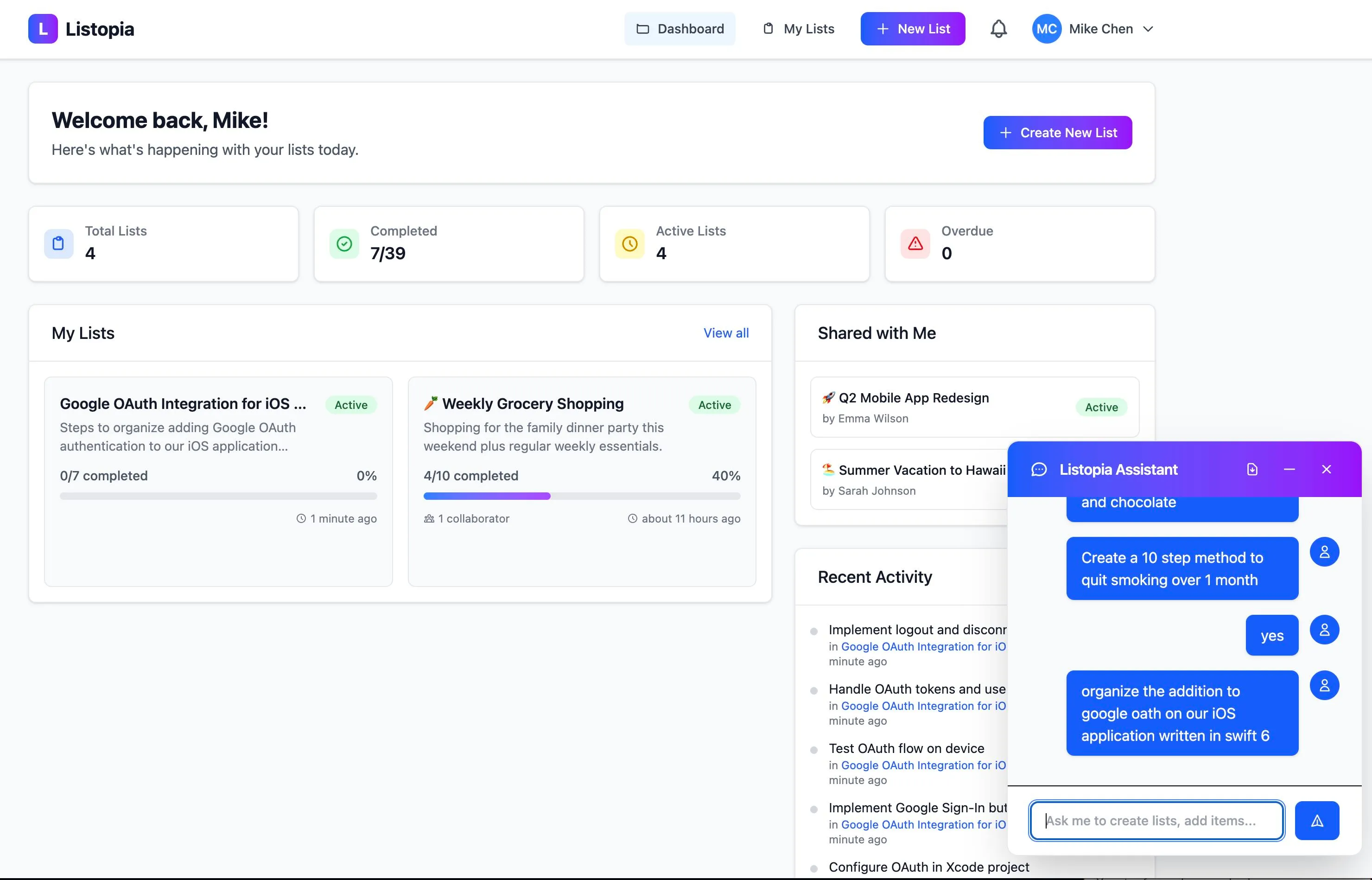 Listopia Modern list management app screenshot