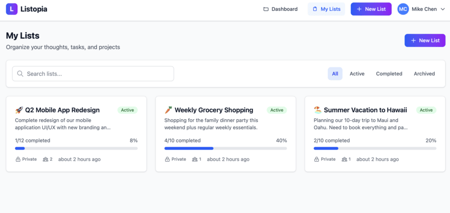 Listopia Modern list management app screenshot